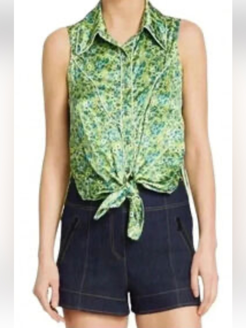 Cinq a Sept Floral Tank Blouse in Blue & Lime Polyester and Silk Size Small